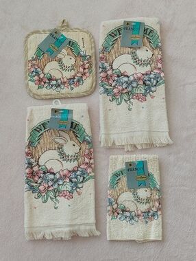 FRANCO "Woodland Rabbit" Kitchen Towels, Dishcloth, and Oven Mitt Set NWT